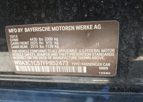 2015 BMW 328I from USA, damaged, VIN WBA3C1C57FP852473